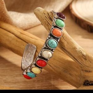 Turquoise, Multi Gemstone Silver tone Cuff Bangle Beaded Glam Western Bracelet